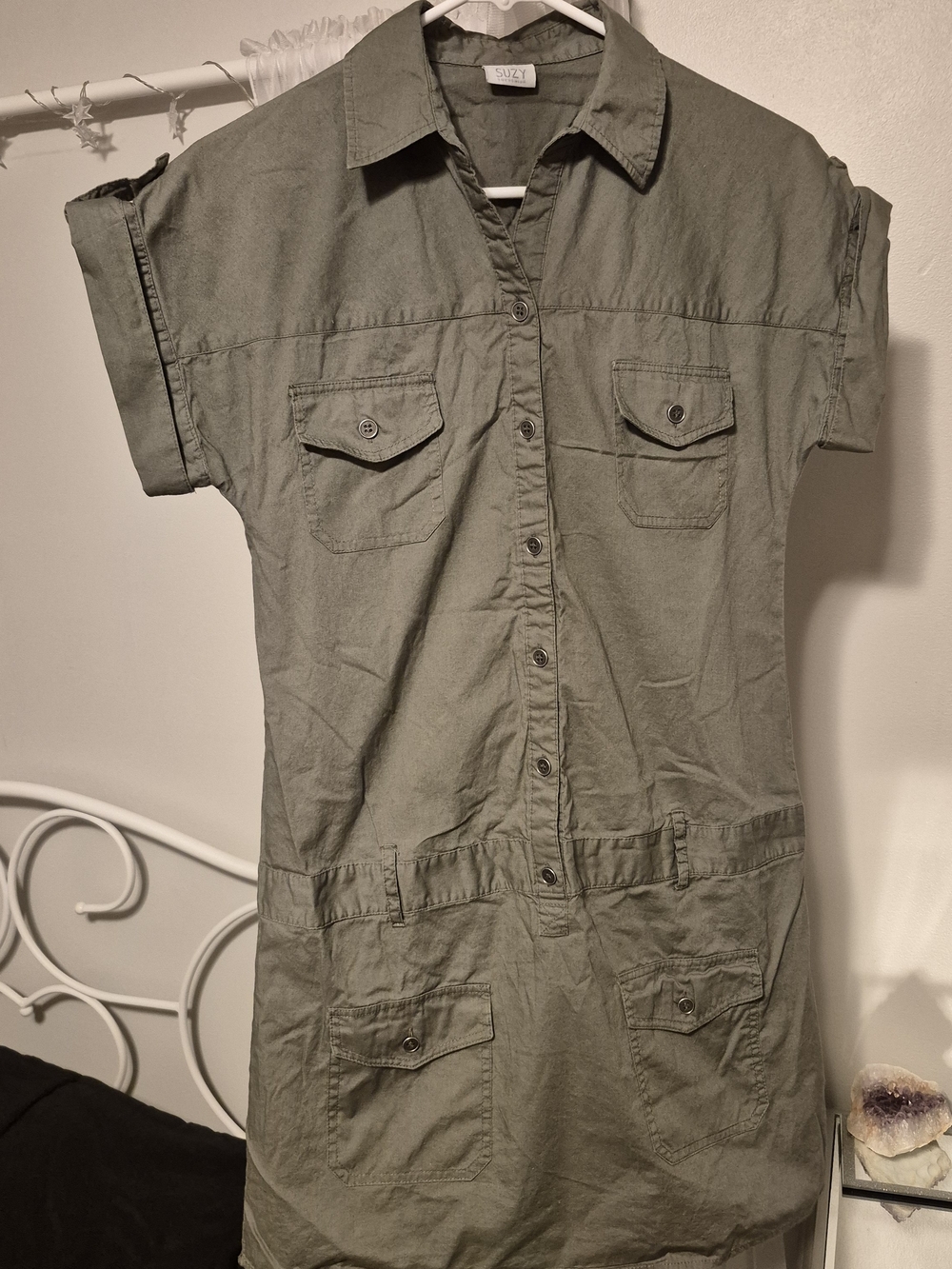 100% Cotton Suzy Shier Olive Green Short-Sleeve Utility Shirt Dress